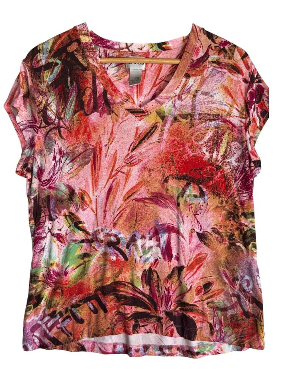 Chico's colorful abstract floral script print multi color XL